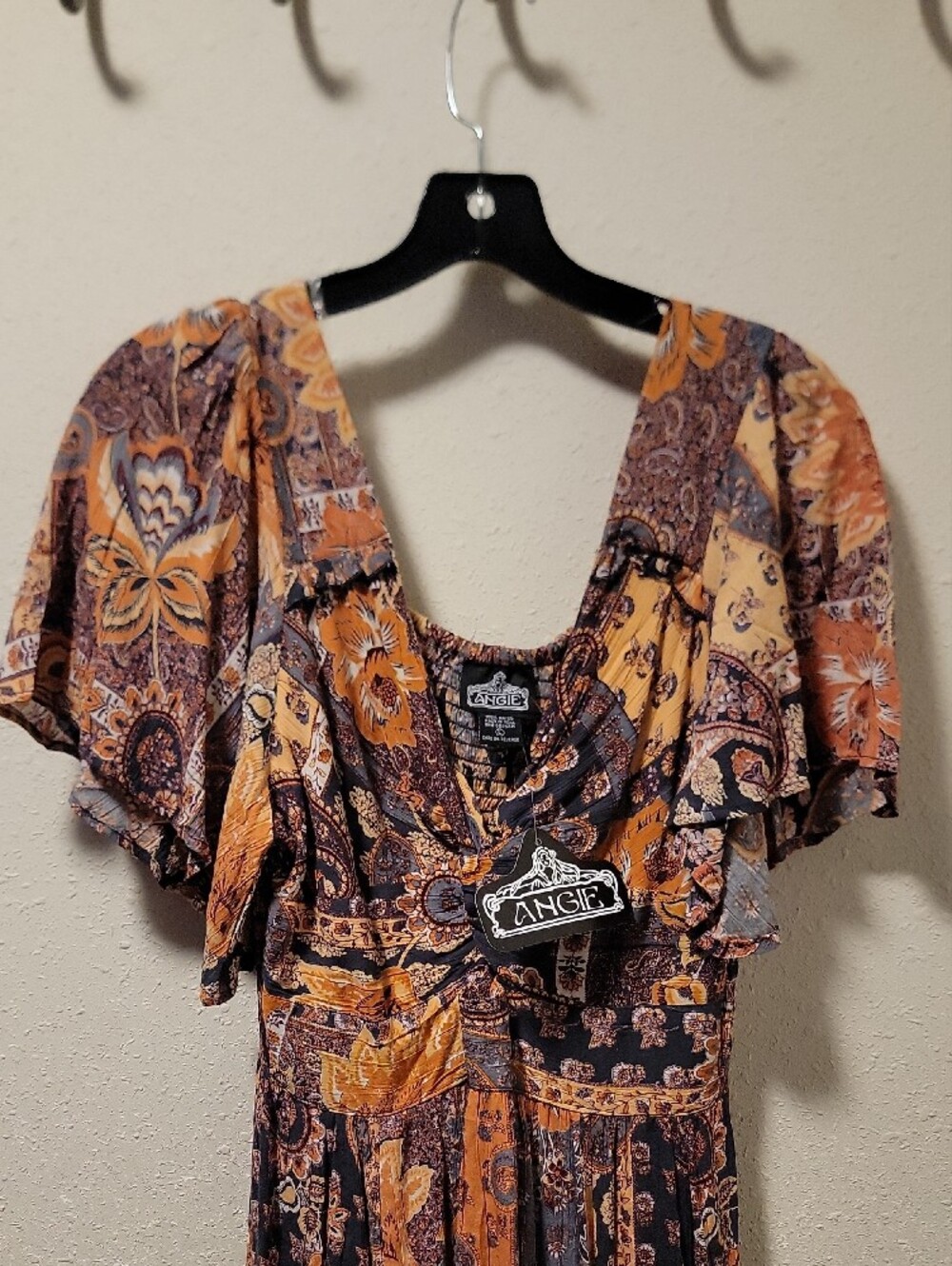 Angie Patchwork Paisley Maxi Dress in Rust and Navy Sz L 100% RAYON - Picture 4 of 12